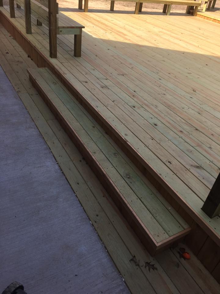 Deck bench construction showing professional framing